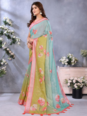 Rajwada Sea Green And Olive Cotton Linen Printed Saree For Women