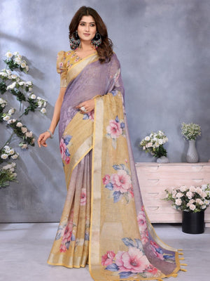 Rajwada Lavender And Mustard Yellow Cotton Linen Printed Saree For Women