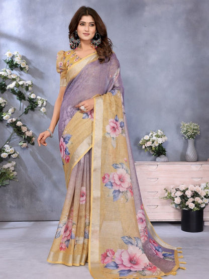 Rajwada Lavender And Mustard Yellow Cotton Linen Printed Saree For Women
