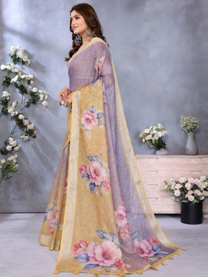 Rajwada Lavender And Mustard Yellow Cotton Linen Printed Saree For Women