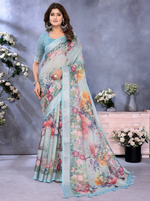 Rajwada Light Blue Cotton Linen Printed Saree For Women