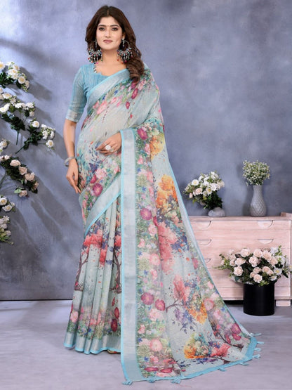Rajwada Light Blue Cotton Linen Printed Saree For Women