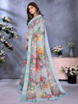 Rajwada Light Blue Cotton Linen Printed Saree For Women