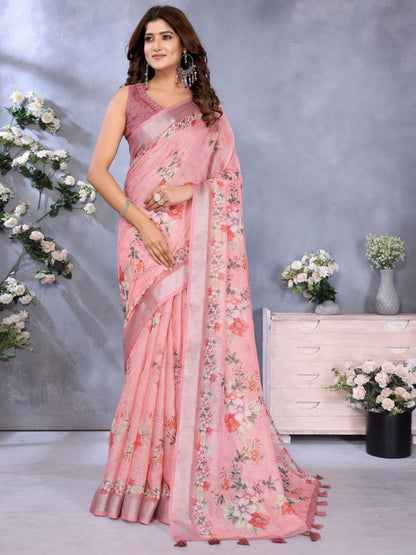 Rajwada Baby Pink Cotton Linen Printed Saree For Women