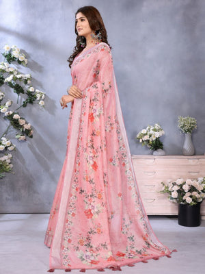 Rajwada Baby Pink Cotton Linen Printed Saree For Women