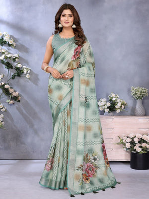 Rajwada Light Green Cotton Linen Printed Saree For Women
