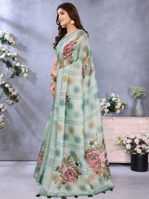 Rajwada Light Green Cotton Linen Printed Saree For Women