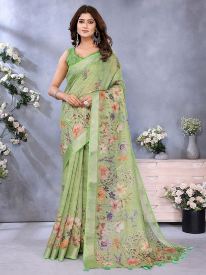 Rajwada Light Green Cotton Linen Printed Saree For Women