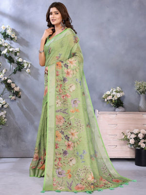 Rajwada Light Green Cotton Linen Printed Saree For Women