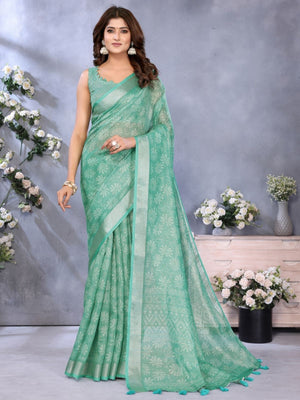 Rajwada Sea Green Cotton Linen Printed Saree For Women