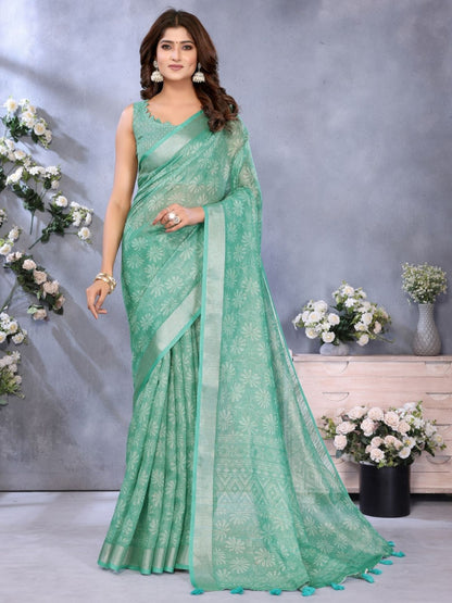 Rajwada Sea Green Cotton Linen Printed Saree For Women
