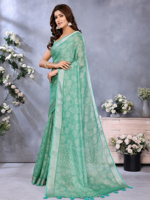 Rajwada Sea Green Cotton Linen Printed Saree For Women