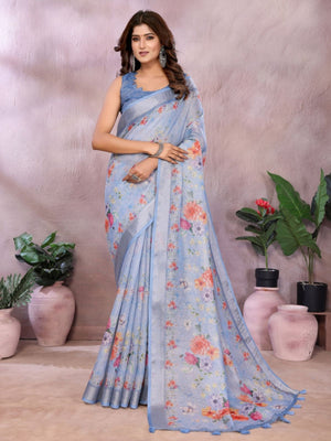 Rajwada Light Blue Cotton Linen Printed Saree For Women