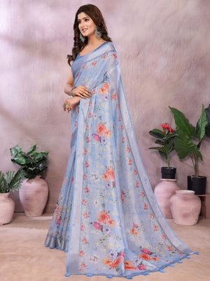 Rajwada Light Blue Cotton Linen Printed Saree For Women