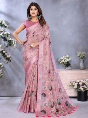 Rajwada Mauve Pink Cotton Linen Printed Saree For Women