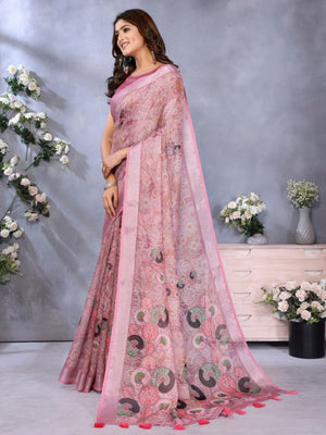 Rajwada Mauve Pink Cotton Linen Printed Saree For Women