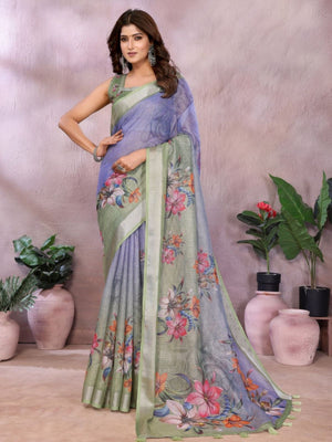 Rajwada Purple And Green Cotton Linen Printed Saree For Women