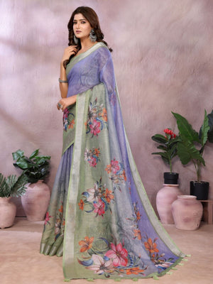 Rajwada Purple And Green Cotton Linen Printed Saree For Women
