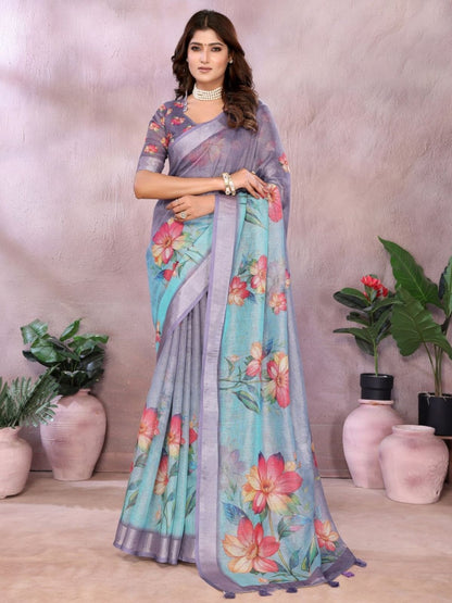 Rajwada Dusty Purple And Blue Cotton Linen Printed Saree For Women