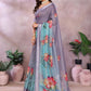 Rajwada Dusty Purple And Blue Cotton Linen Printed Saree For Women