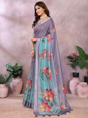 Rajwada Dusty Purple And Blue Cotton Linen Printed Saree For Women