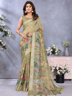 Rajwada Olive  Cotton Linen Printed Saree For Women