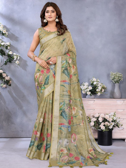 Rajwada Olive  Cotton Linen Printed Saree For Women