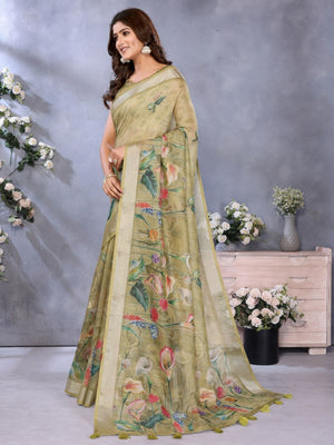 Rajwada Olive  Cotton Linen Printed Saree For Women