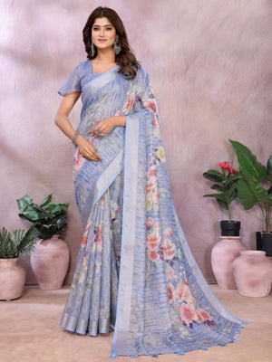 Rajwada Lavender Cotton Linen Printed Saree For Women