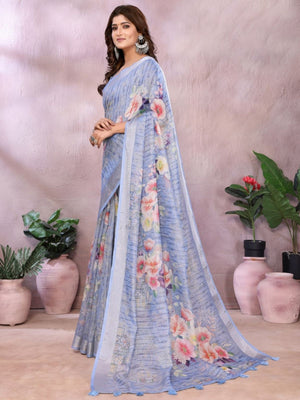 Rajwada Lavender Cotton Linen Printed Saree For Women