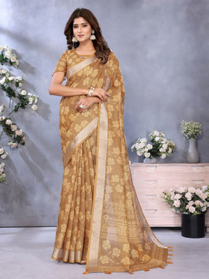 Rajwada  Brown Cotton Linen Printed Saree For Women