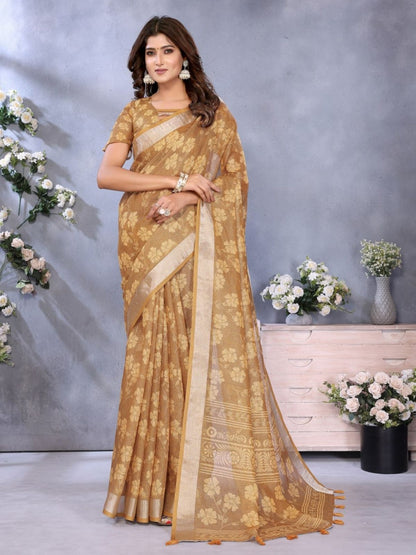 Rajwada  Brown Cotton Linen Printed Saree For Women