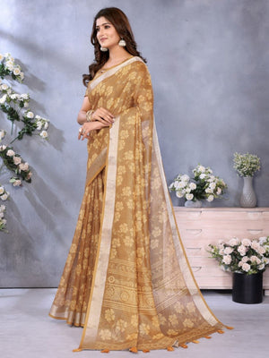 Rajwada  Brown Cotton Linen Printed Saree For Women