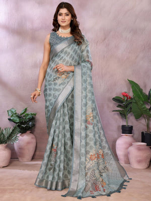 Rajwada Light Blue Cotton  Linen Printed Saree For Women