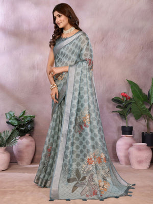 Rajwada Light Blue Cotton  Linen Printed Saree For Women