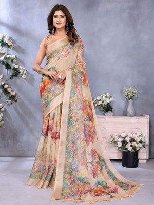 Rajwada Beige Cotton Linen Printed Saree For Women