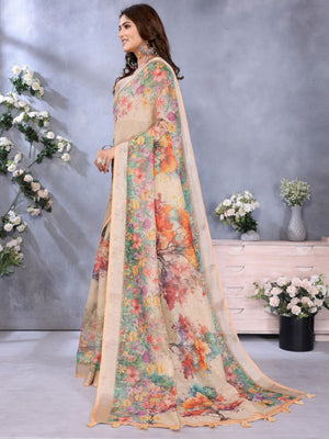 Rajwada Beige Cotton Linen Printed Saree For Women