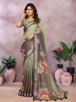 Rajwada Green And Grey Cotton Linen Printed Saree For Women