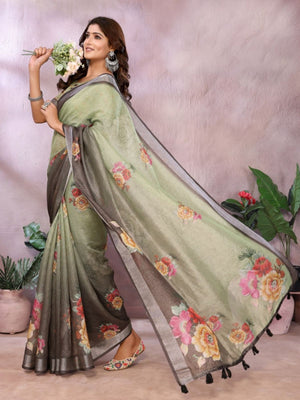 Rajwada Green And Grey Cotton Linen Printed Saree For Women