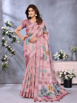 Rajwada Mauve  Cotton Linen Printed Saree For Women