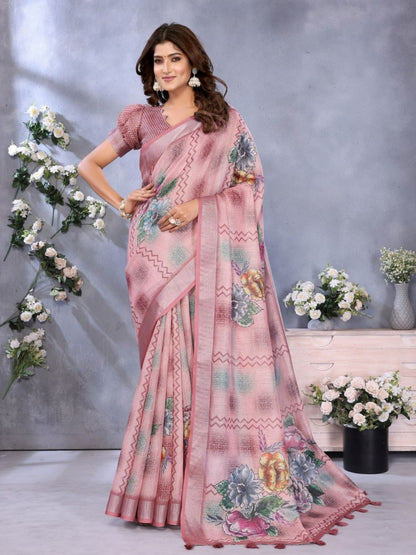 Rajwada Mauve  Cotton Linen Printed Saree For Women