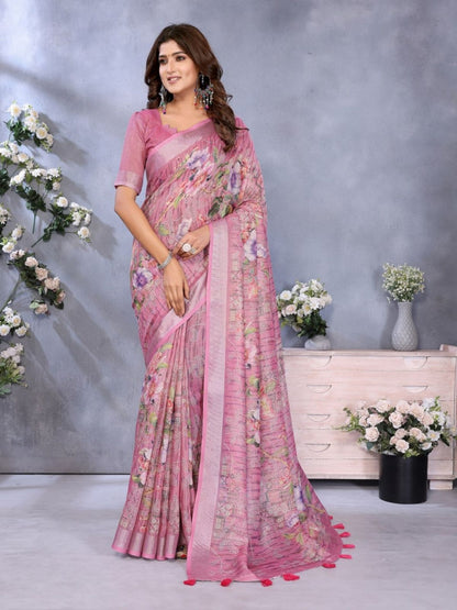 Rajwada Light Pink Cotton Linen Printed Saree For Women