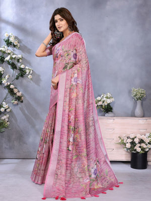 Rajwada Light Pink Cotton Linen Printed Saree For Women