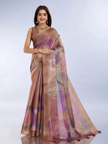 Rajwada Brown Cotton Blend Printed Saree For Women