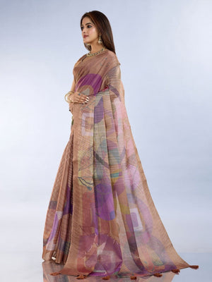 Rajwada Brown Cotton Blend Printed Saree For Women