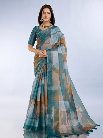 Rajwada Teal Blue Cotton Blend Printed Saree For Women