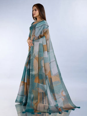 Rajwada Teal Blue Cotton Blend Printed Saree For Women