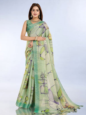Rajwada Pista Green Cotton Blend Printed Saree For Women