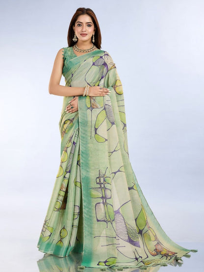 Rajwada Pista Green Cotton Blend Printed Saree For Women