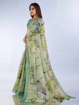 Rajwada Pista Green Cotton Blend Printed Saree For Women